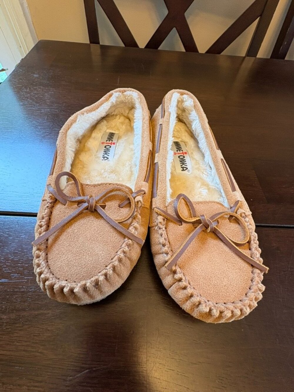 Minnetonka Cally Slipper Shoes Womens Size 6 Brown Faux Fur Lined Moccasin NWOB